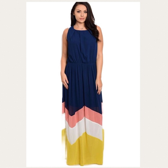 Plus Size Navy Chevron Maxi Dress 1X 14 16 - Picture 2 of 3